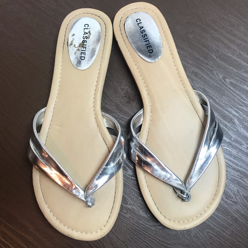 Silver flat slip on thong style flip flops